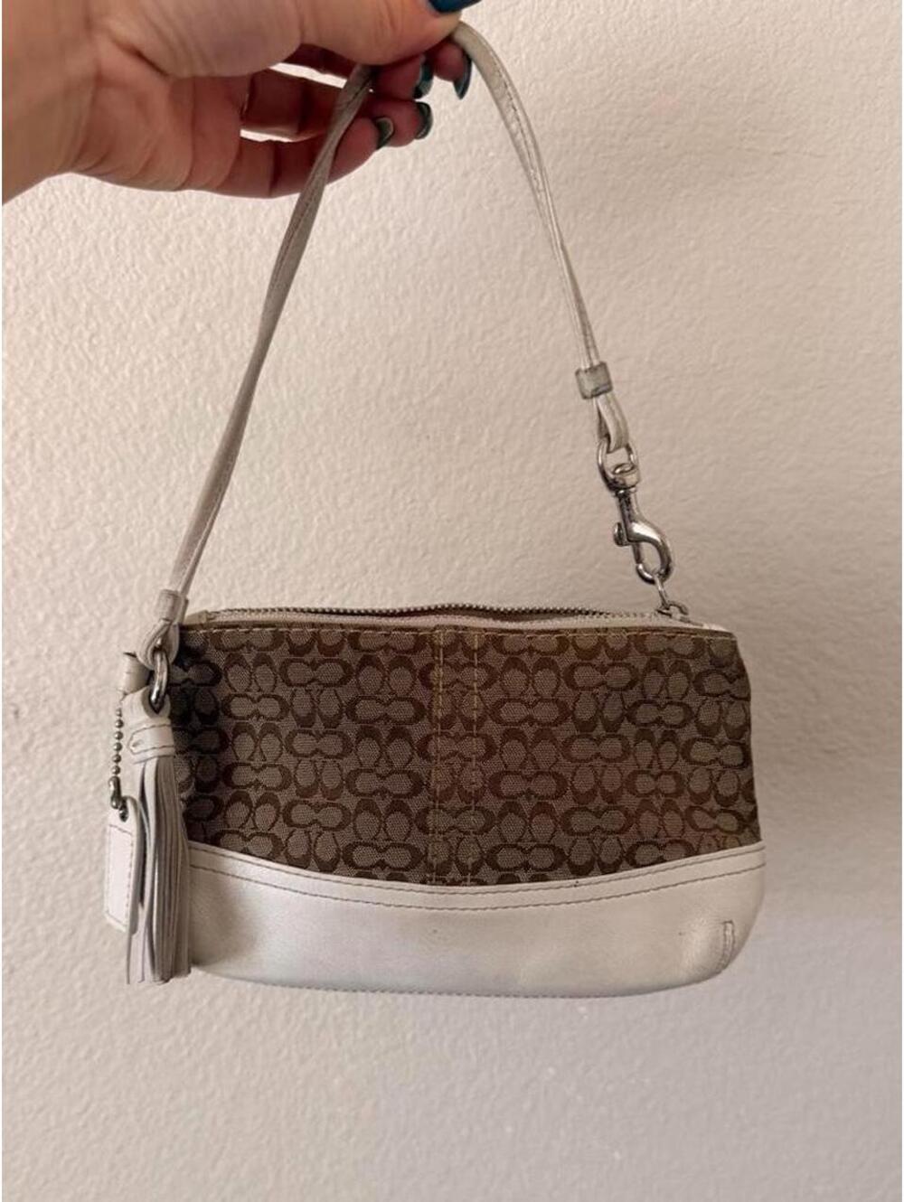 Vintage Tan and White Coach Wristlet with Tassel